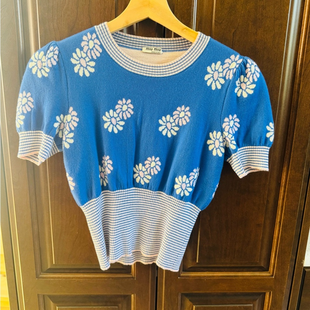 Miu Miu Blue and White Floral Knit Top